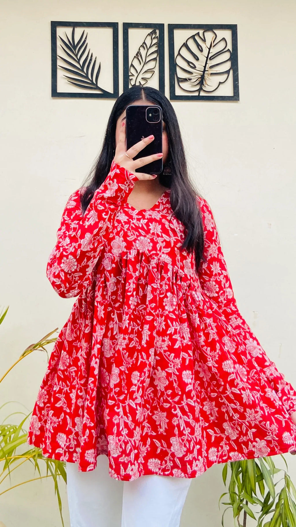 Cotton Red Flared Aliacut Floral Print Peplum Top - Dolled Up