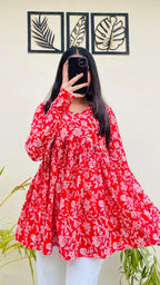 Cotton Red Flared Aliacut Floral Print Peplum Top - Dolled Up