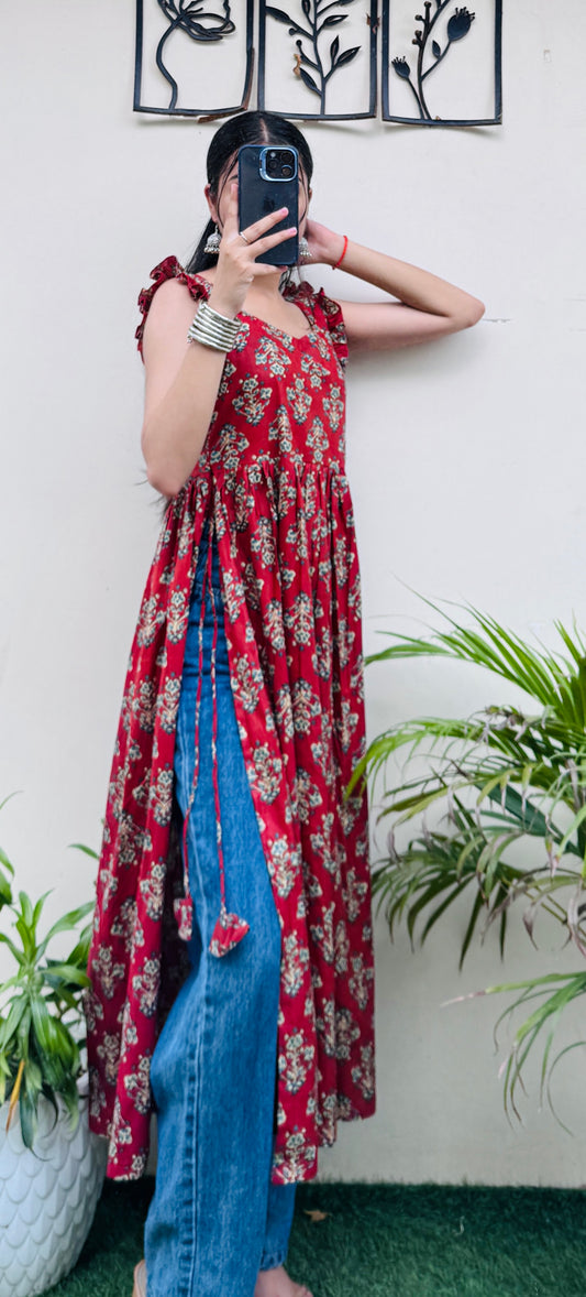 Cotton Ruffle Sleeveless Nyra Cut Long Kurti