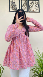 Cotton Flared Baby Pink Aliacut Printed Peplum Top - Dolled Up