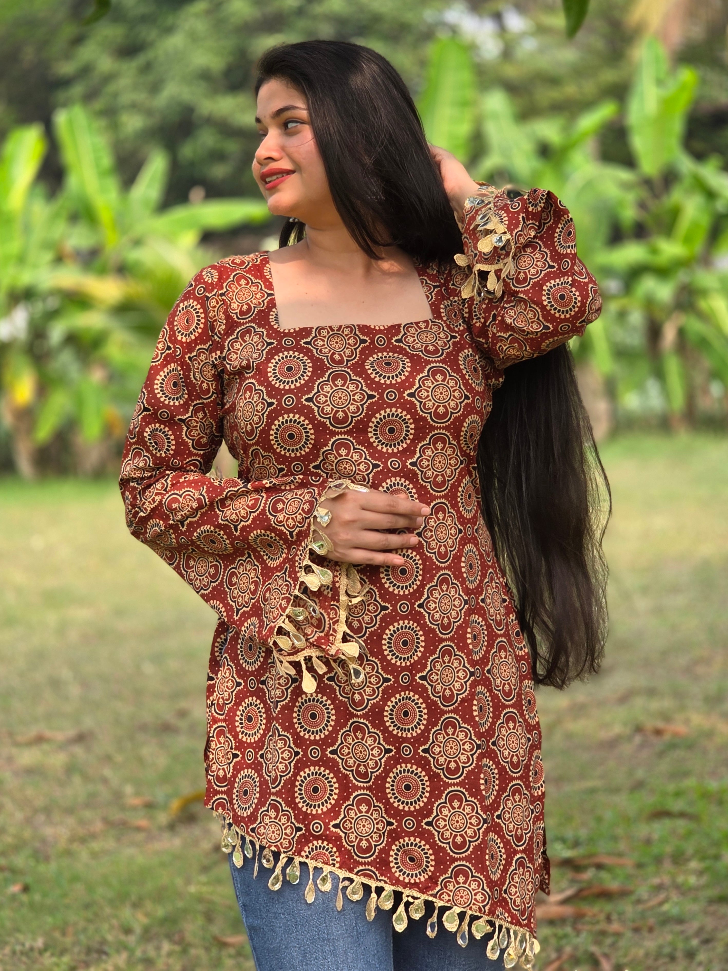 Cotton Printed With Mirror Work Lace Corset Back Kurti