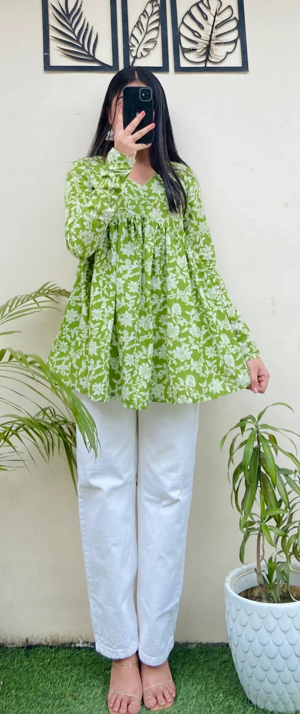Cotton Green Flared Aliacut Floral Print Peplum Top - Dolled Up