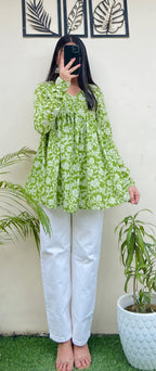 Cotton Green Flared Aliacut Floral Print Peplum Top - Dolled Up