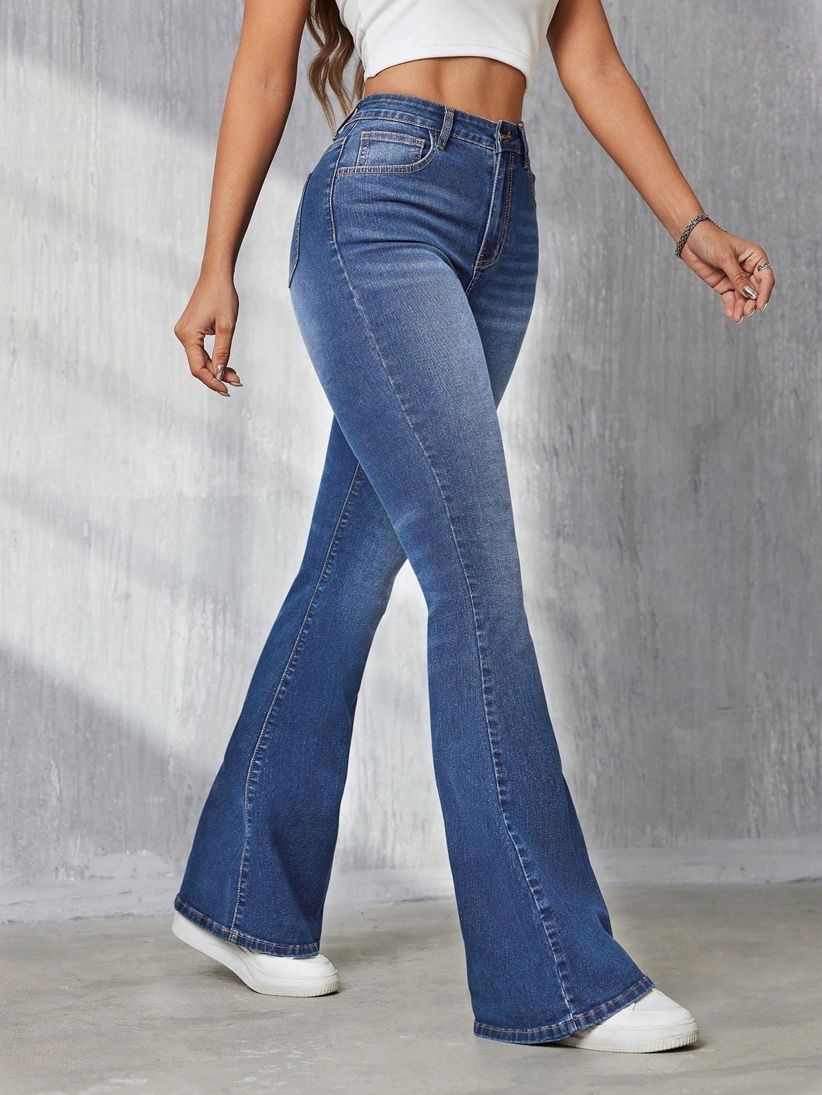 High Waisted Stone Blue Bootcut Flared Jeans