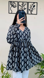 Cotton Flared Black Floral Print Aliacut Peplum Top - Dolled Up