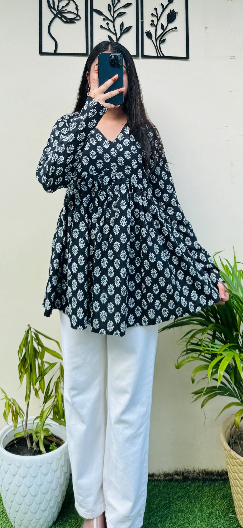 Cotton Black Flared Printed Aliacut Peplum Top - Dolled Up