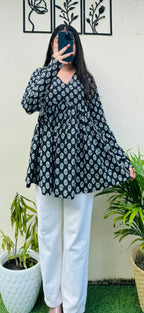 Cotton Black Flared Printed Aliacut Peplum Top - Dolled Up