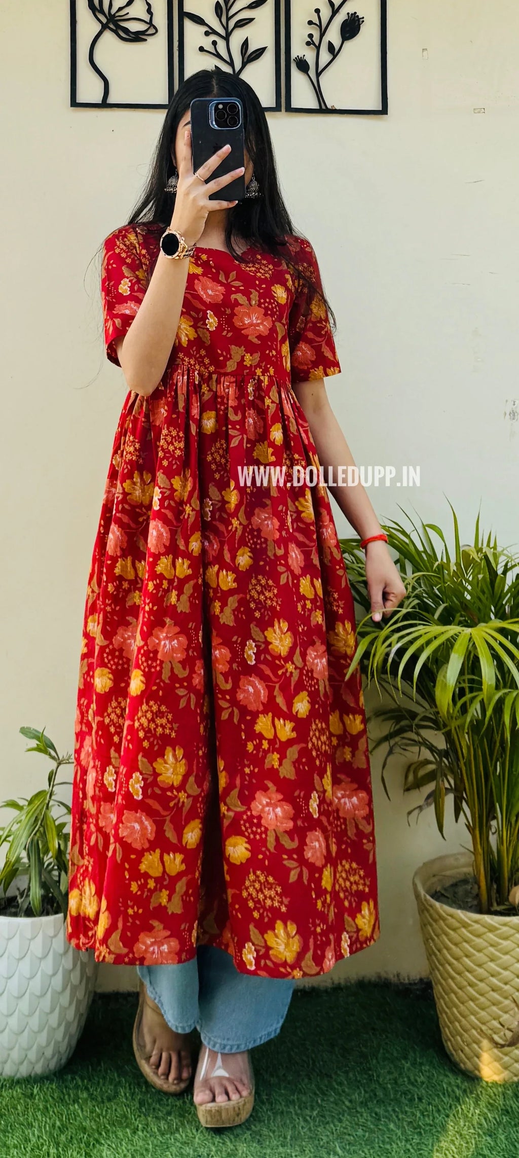 Cotton Printed Red Nyra Cut Long Kurti - Dolled Up
