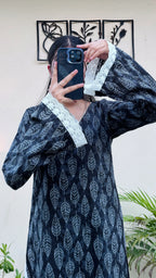 Cotton V-neck Lace Work Bellsleeves Long Kurti - Dolled Up