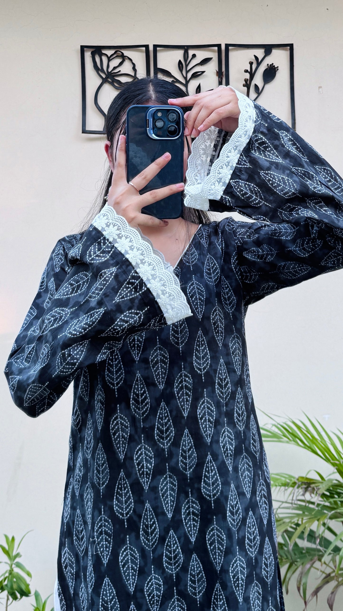 Cotton V-neck Lace Work Bellsleeves Long Kurti
