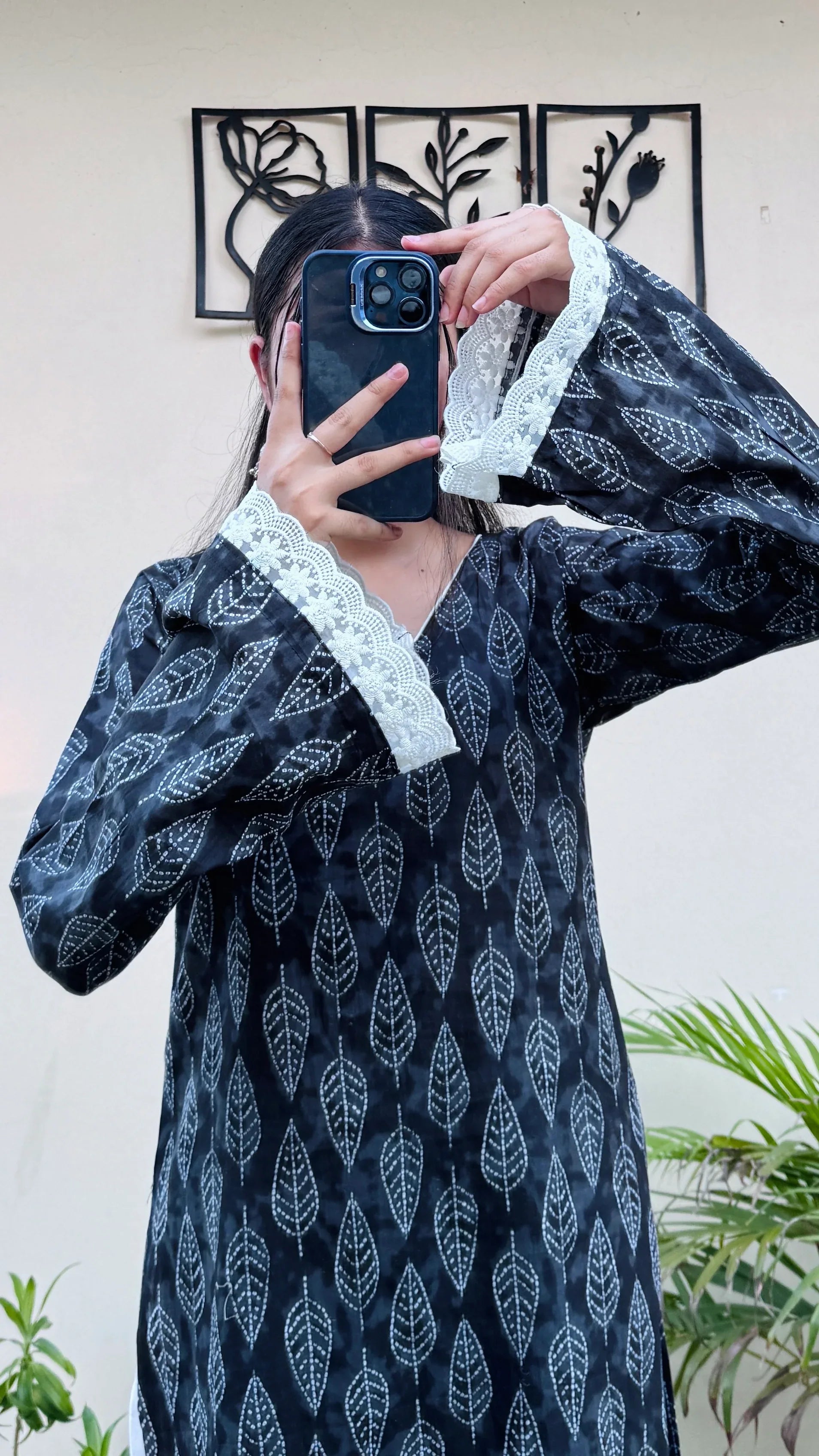 Cotton V-neck Lace Work Bellsleeves Long Kurti - Dolled Up