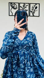 Cotton Flared Blue Aliacut Floral Print Peplum Top - Dolled Up