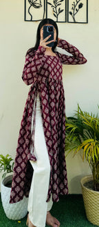 Cotton Full Sleeve Maroon Nyra Cut Long Kurti - Dolled Up