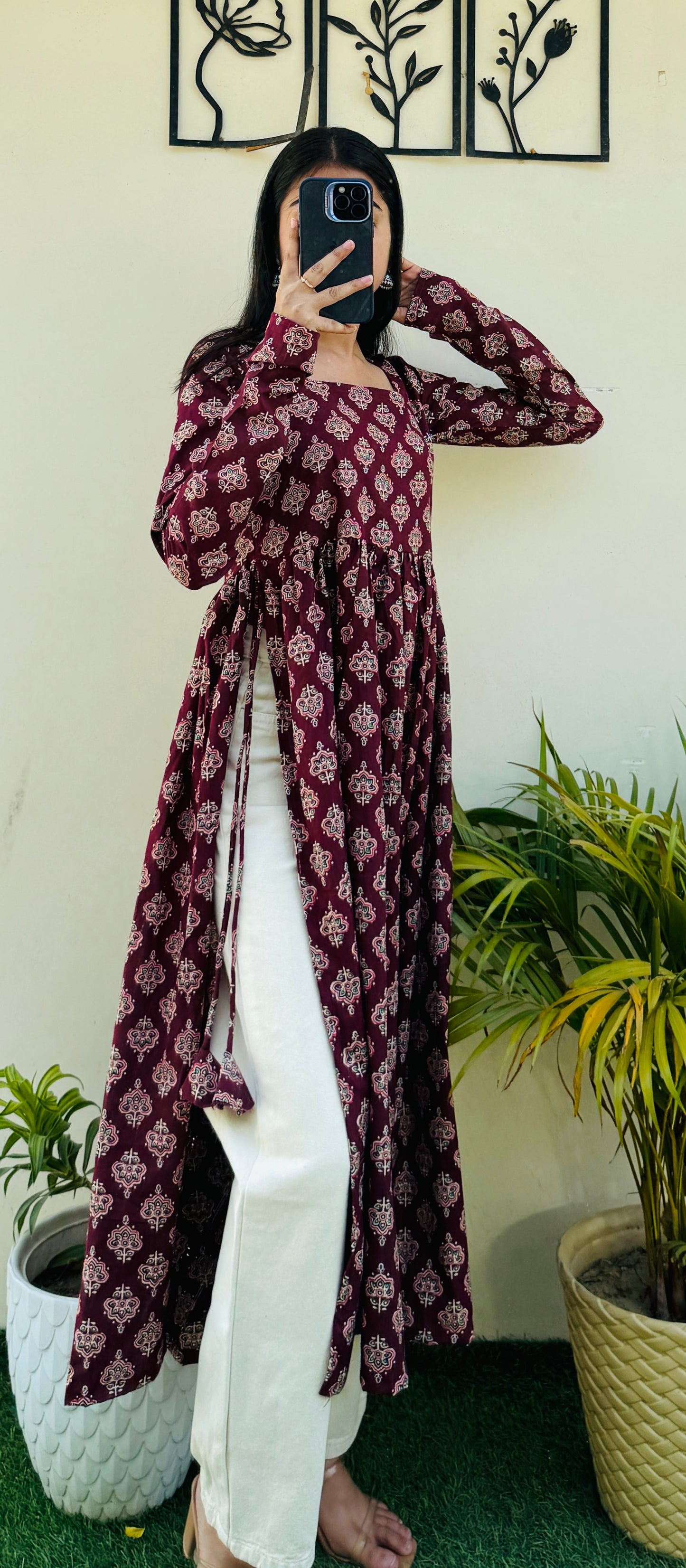 Cotton Full Sleeve Maroon Nyra Cut Long Kurti