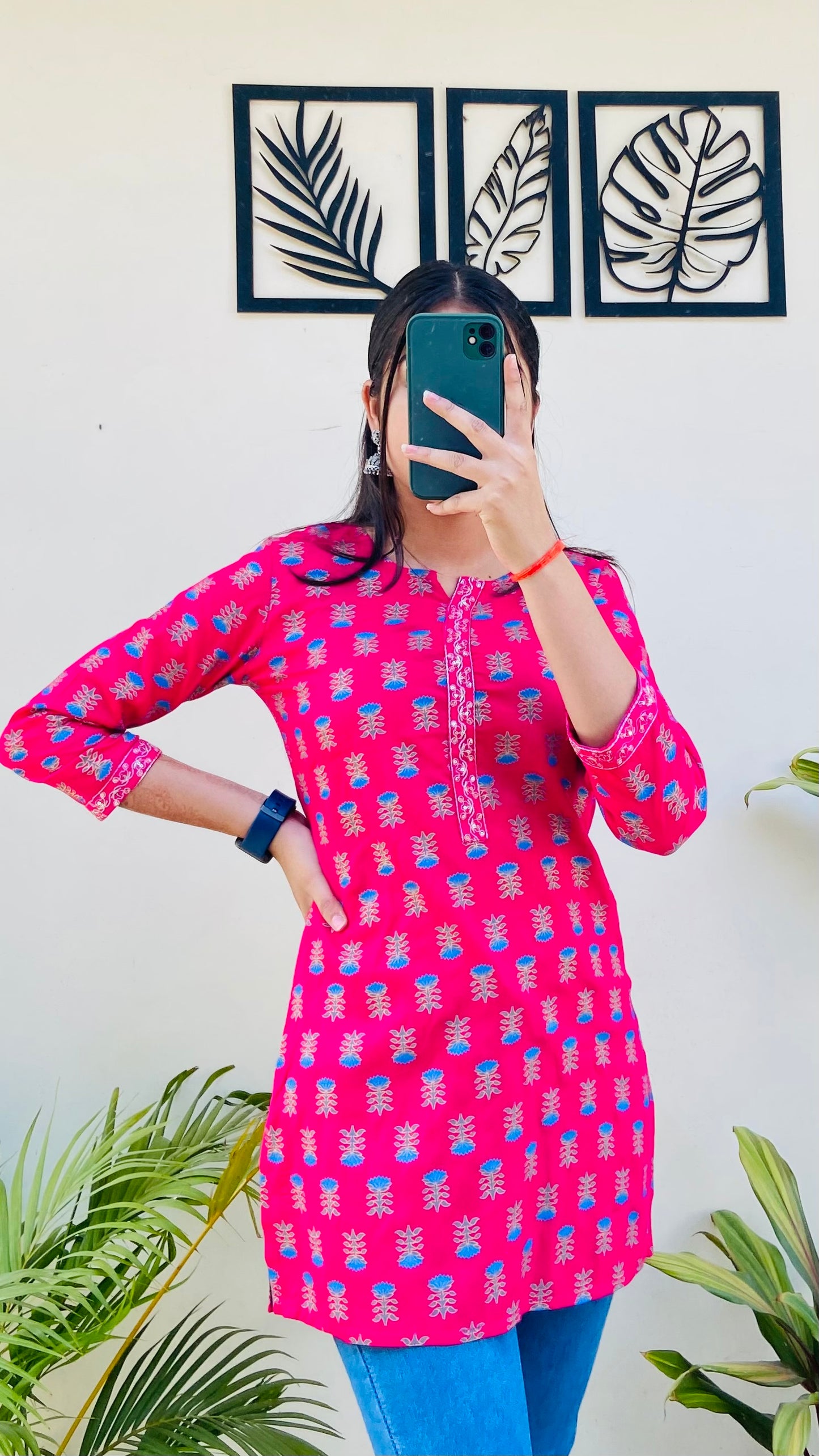 Hot Pink Printed Short Kurti