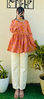 Cotton Flared Katha Bell Sleeve Peplum Top - Dolled Up
