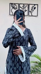 Cotton V-neck Lace Work Bellsleeves Long Kurti - Dolled Up