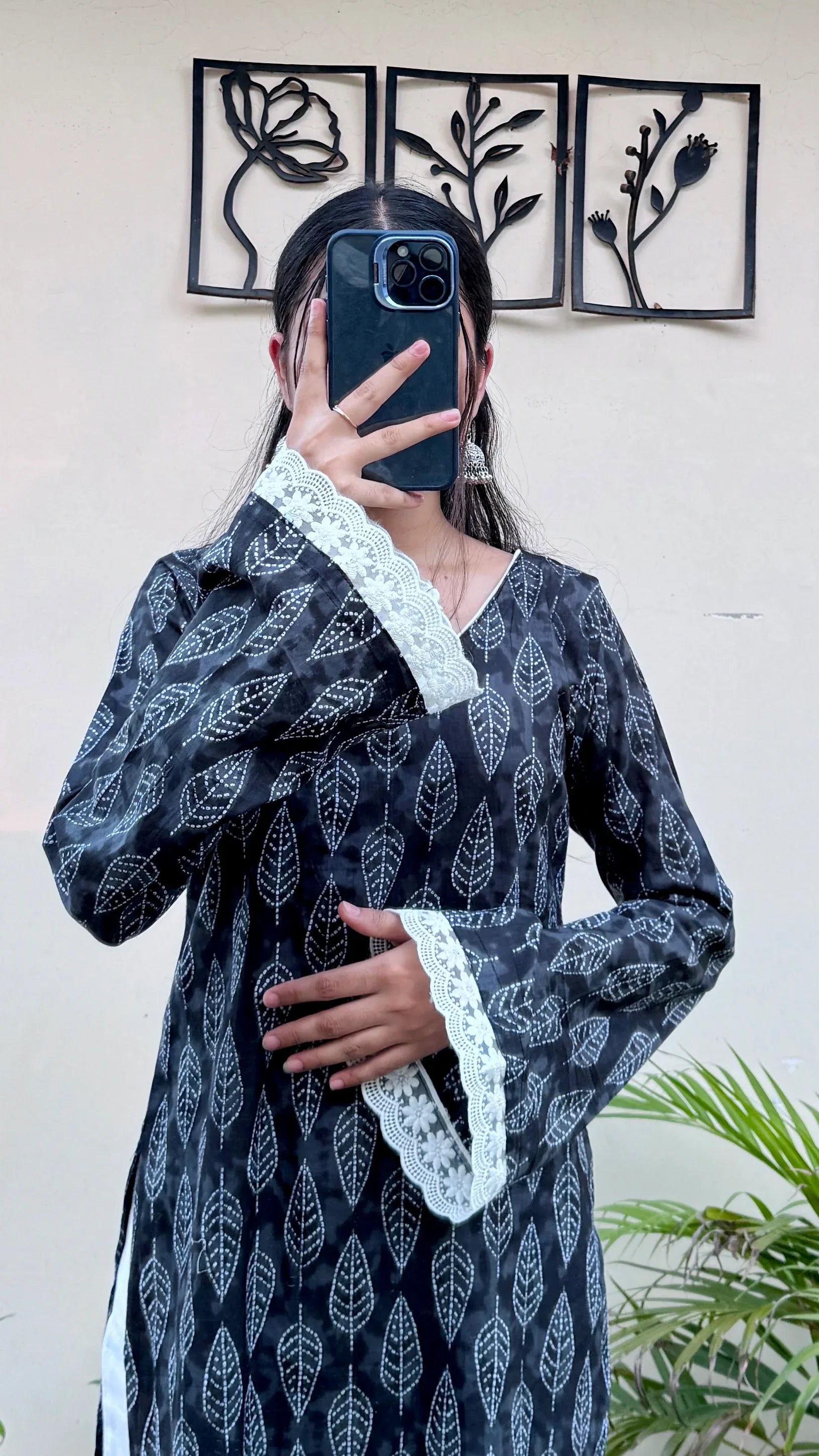 Cotton V-neck Lace Work Bellsleeves Long Kurti - Dolled Up