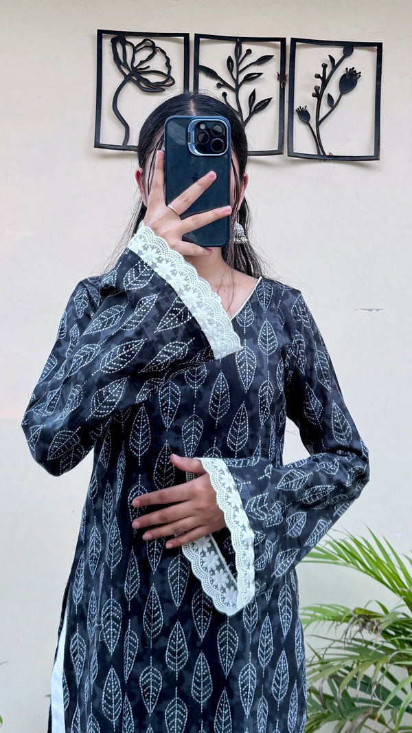 Cotton V-neck Lace Work Bellsleeves Long Kurti - Dolled Up