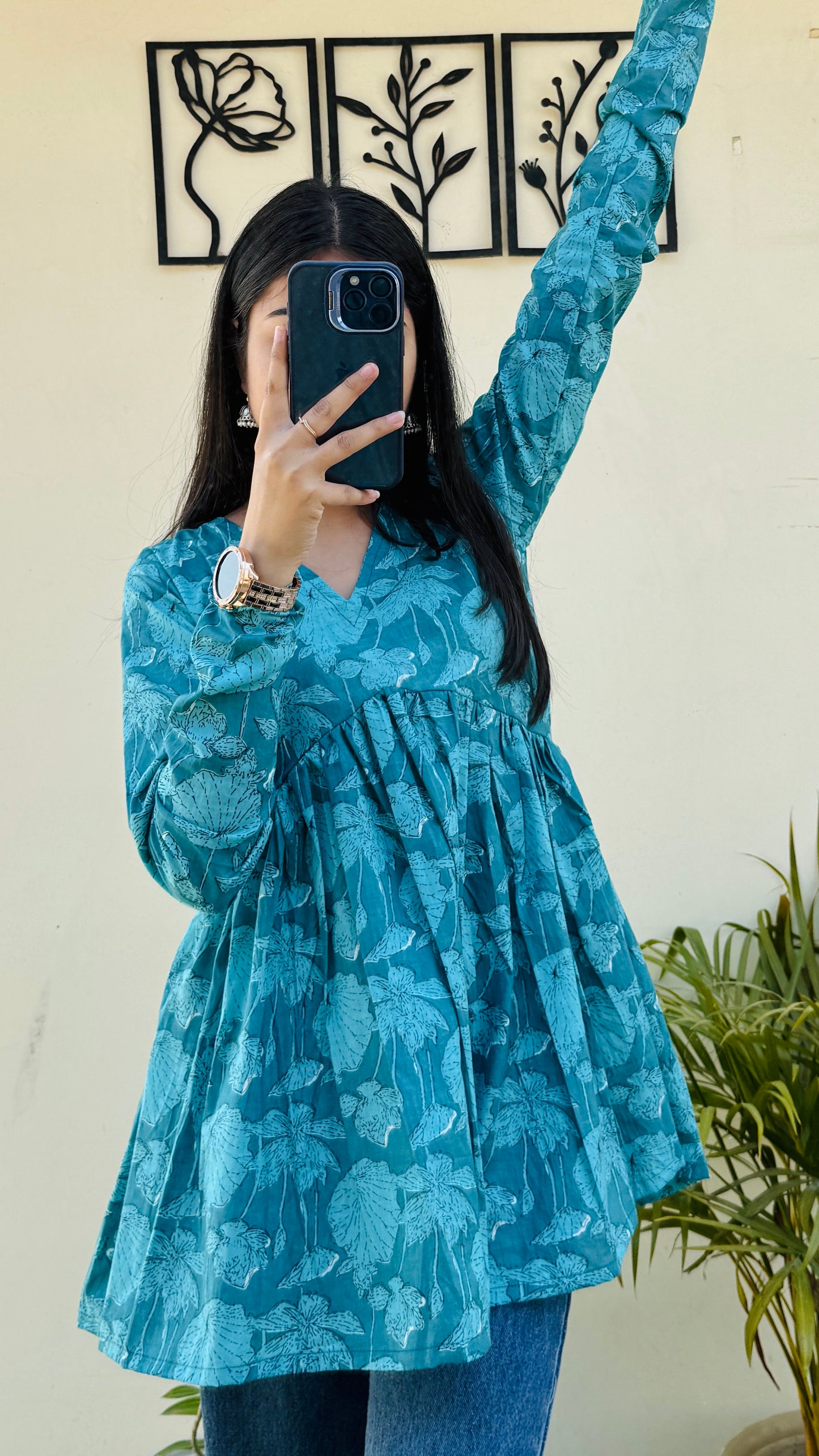 Cotton Flared Blue Aliacut Floral Print Peplum Top