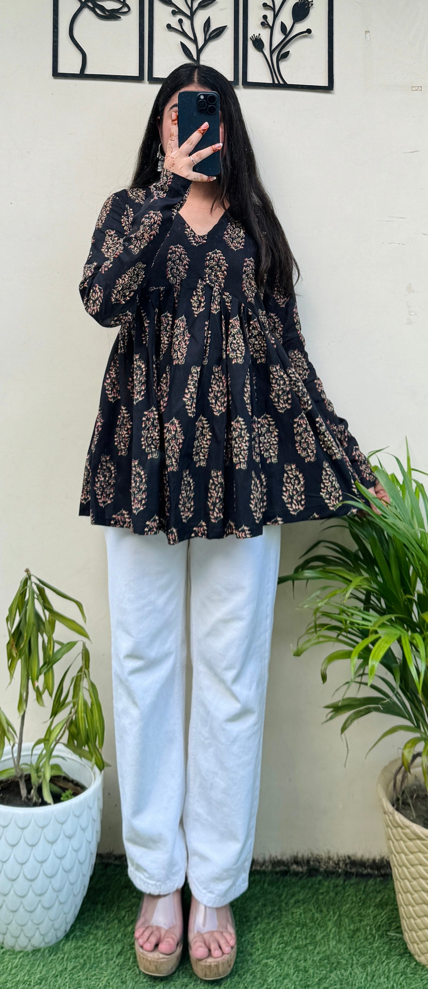 Cotton Flared Black Aliacut Ajrakh Print Peplum Top