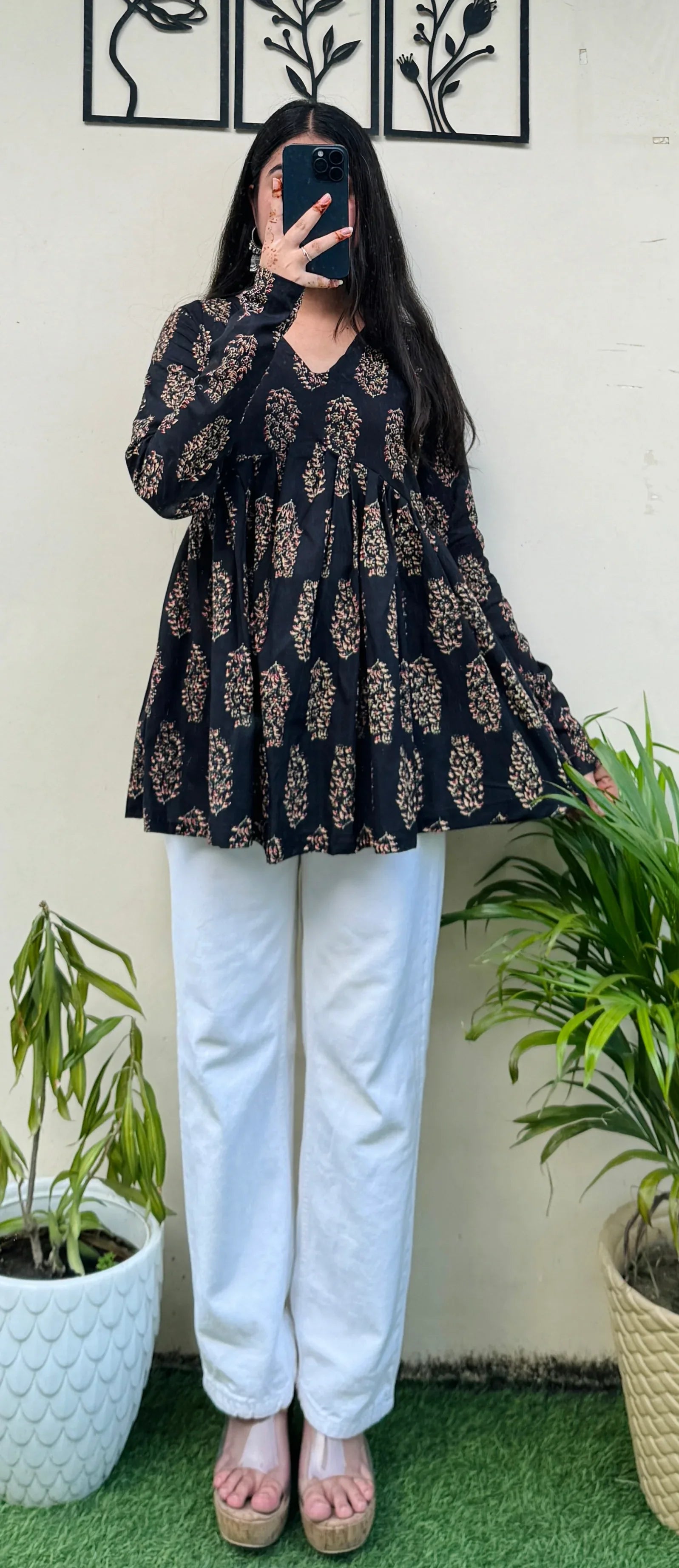 Cotton Flared Black Aliacut Ajrakh Print Peplum Top - Dolled Up