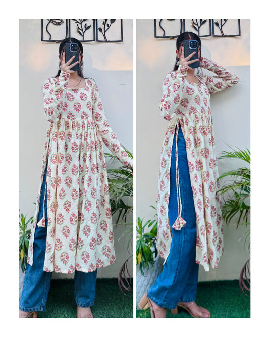 Cotton Full Sleeve Cream Colour Nyra Cut Long Kurti