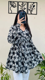 Cotton Flared Black Aliacut Printed Peplum Top - Dolled Up