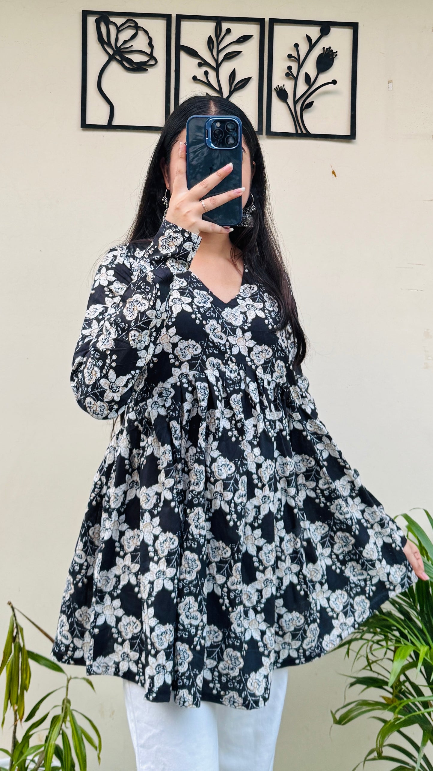 Cotton Flared Black Aliacut Printed Peplum Top