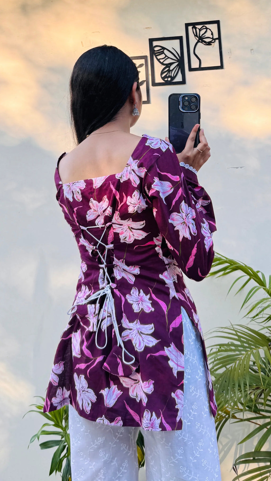 Cotton Wine Colour Square Neck Lace Detailing Corset Back Short Kurti - Dolled Up