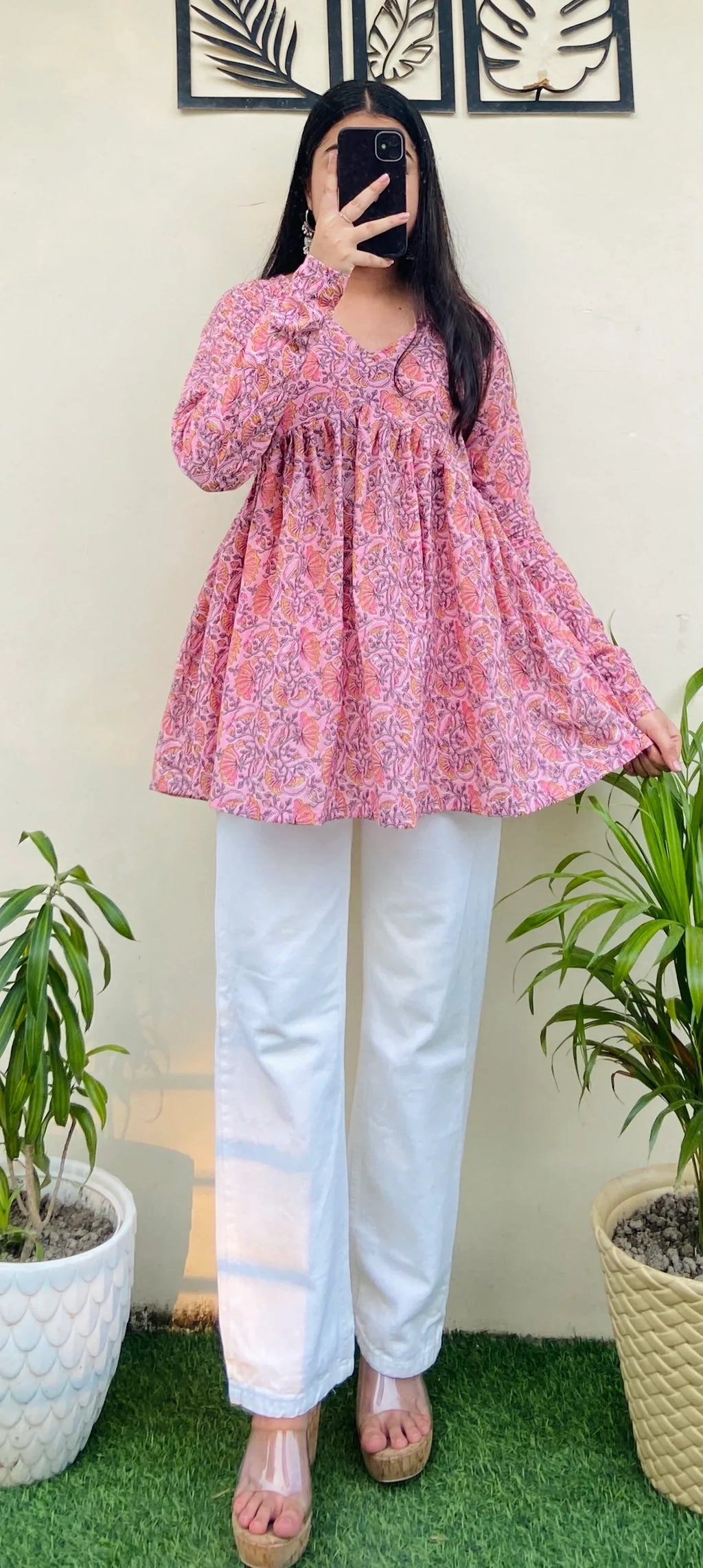 Cotton Flared Baby Pink Aliacut Printed Peplum Top - Dolled Up