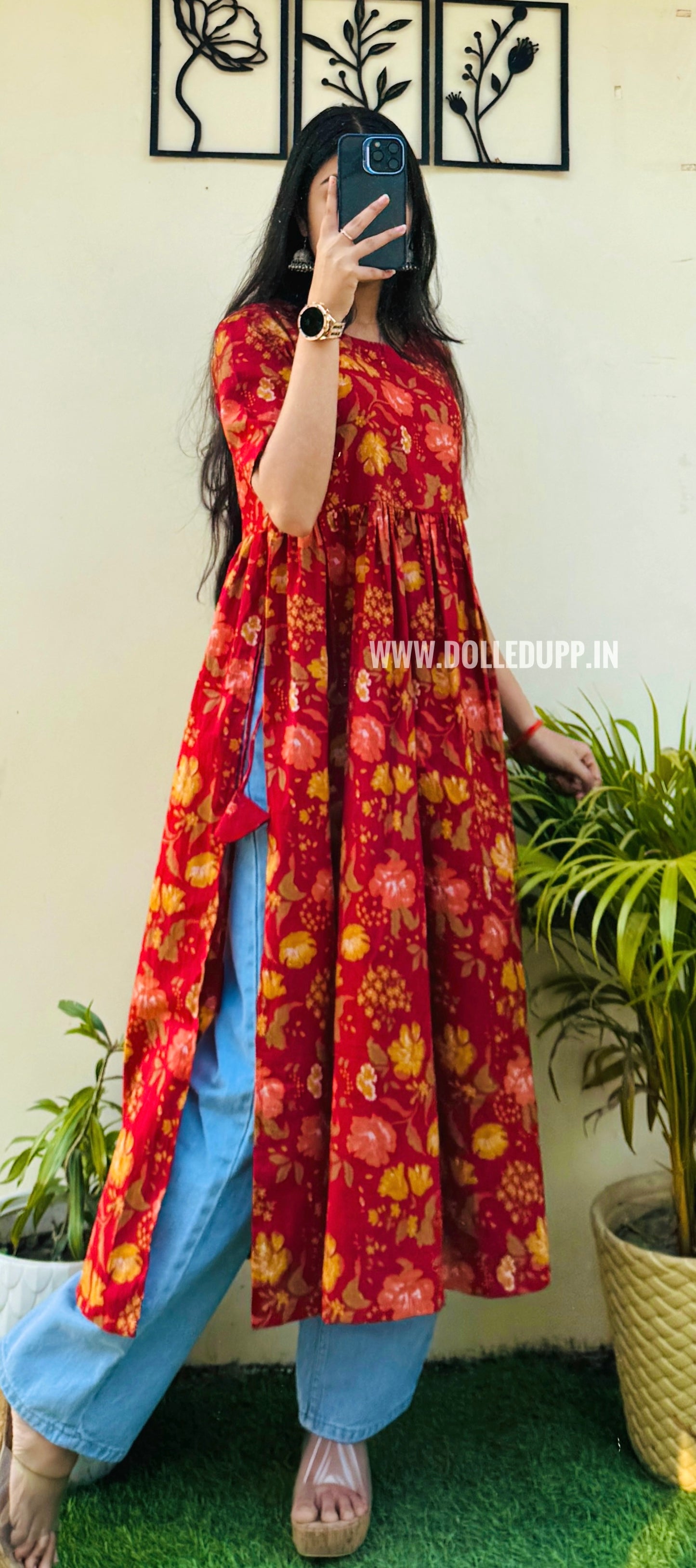 Cotton Printed Red Nyra Cut Long Kurti