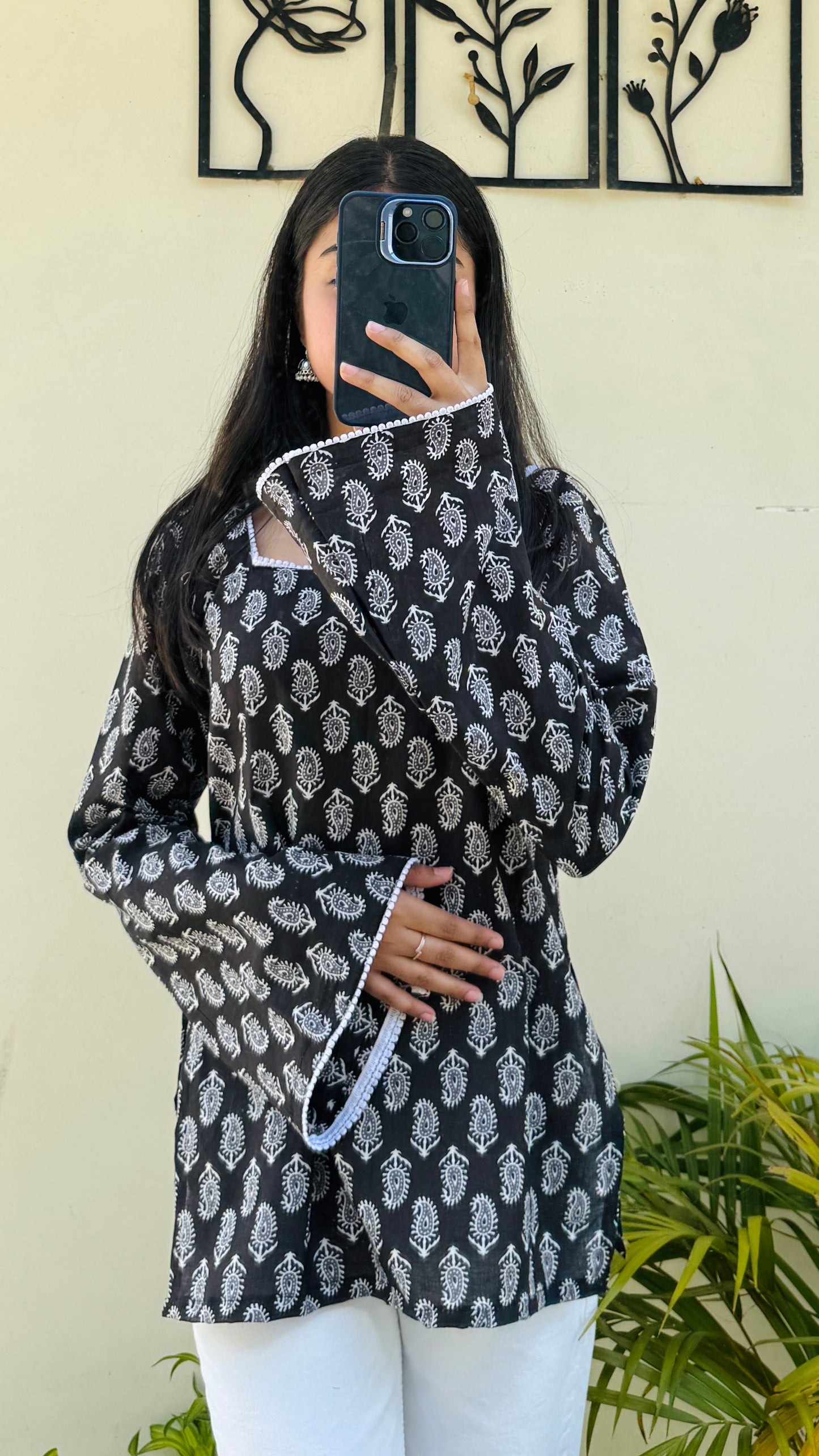 Cotton Square Neck Lace detailing Bellsleeve Short Kurti