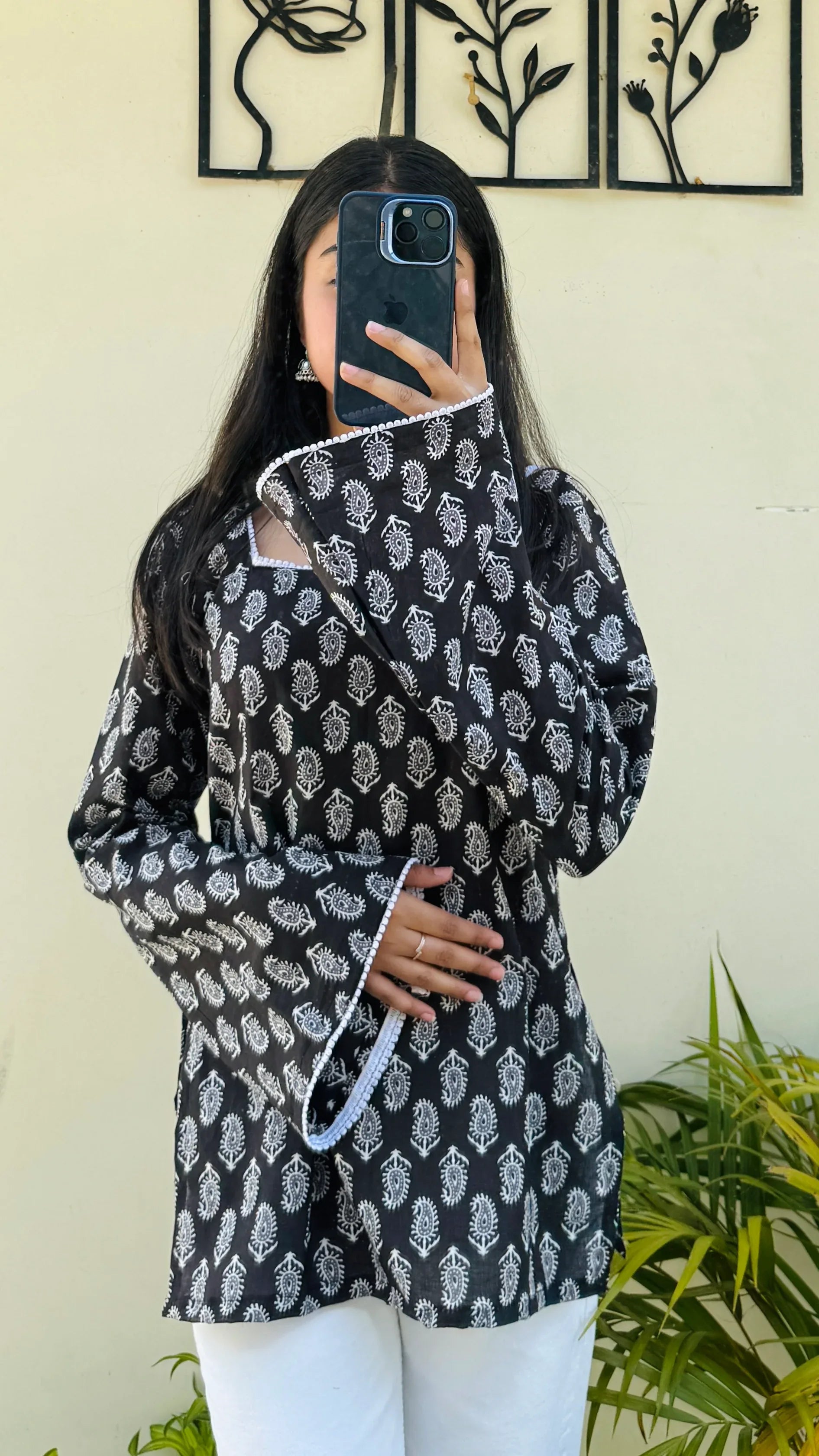 Cotton Square Neck Lace detailing Bellsleeve Short Kurti - Dolled Up