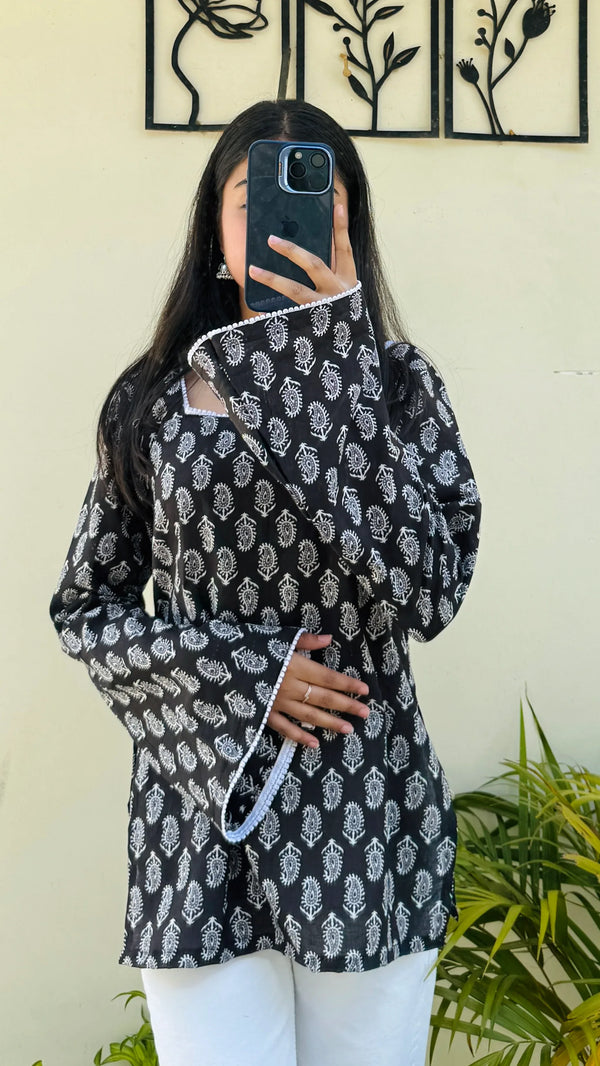 Cotton Square Neck Lace detailing Bellsleeve Short Kurti - Dolled Up