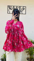 Cotton Pink Flared Floral Print Aliacut Peplum Top - Dolled Up