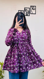 Cotton Wine Flared Printed Aliacut Peplum Top - Dolled Up