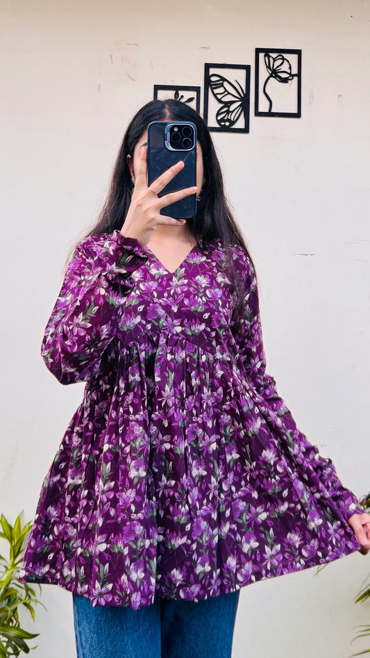 Cotton Wine Flared Printed Aliacut Peplum Top - Dolled Up