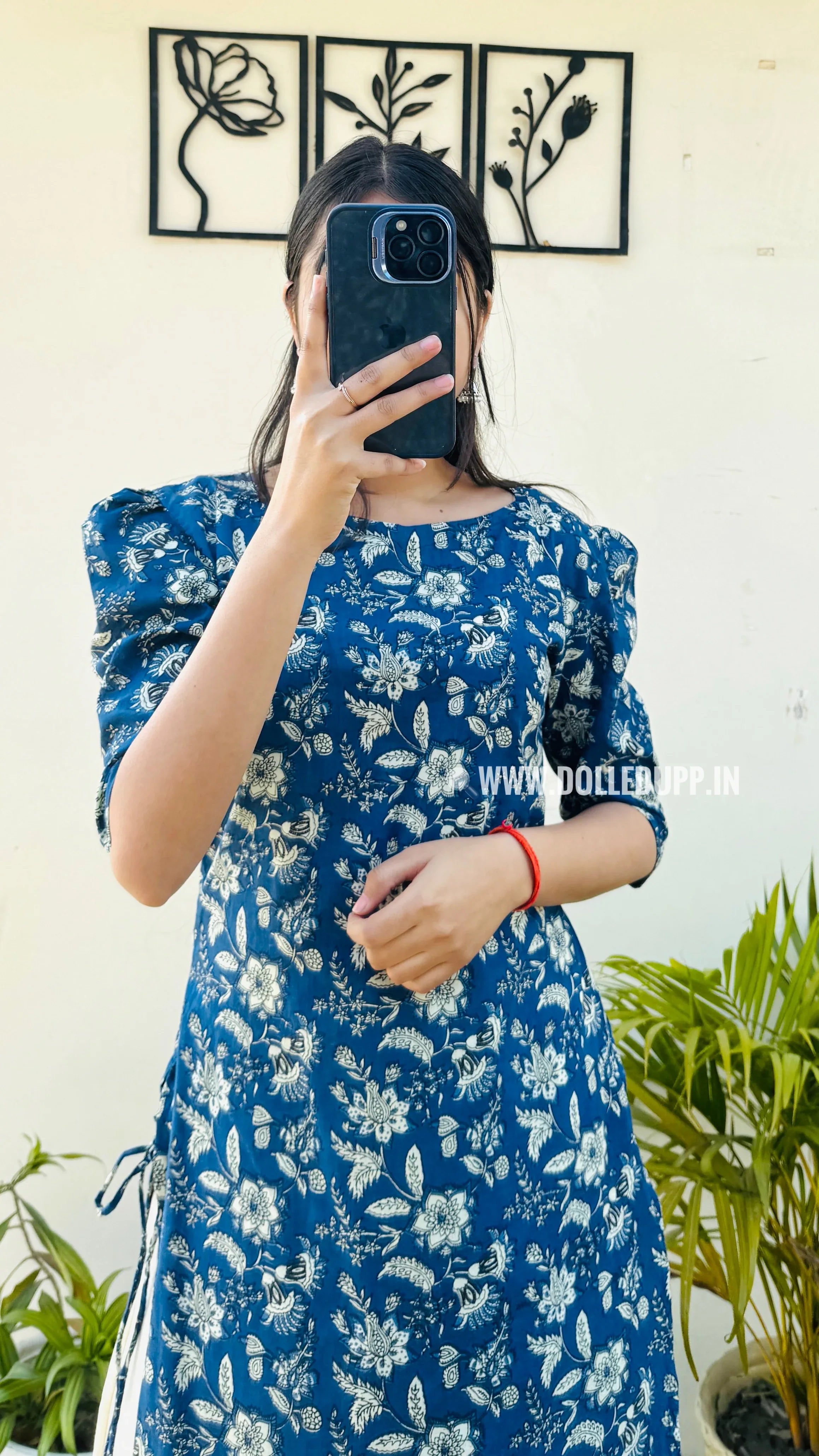 Cotton Printed Blue Puff Sleeve Straight Kurta - Dolled Up