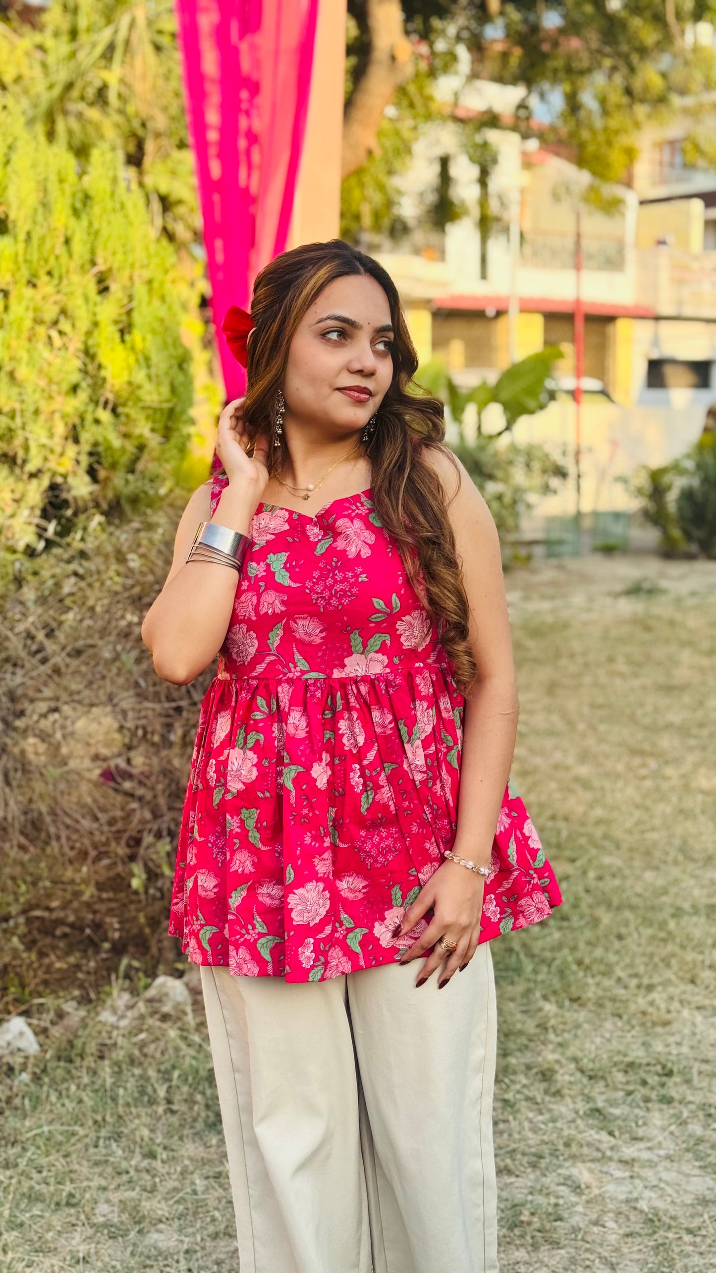 Cotton Flared Back Less Neck Design Short Kurti