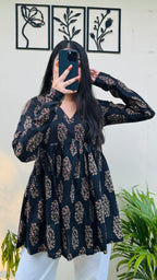 Cotton Flared Black Aliacut Ajrakh Print Peplum Top - Dolled Up