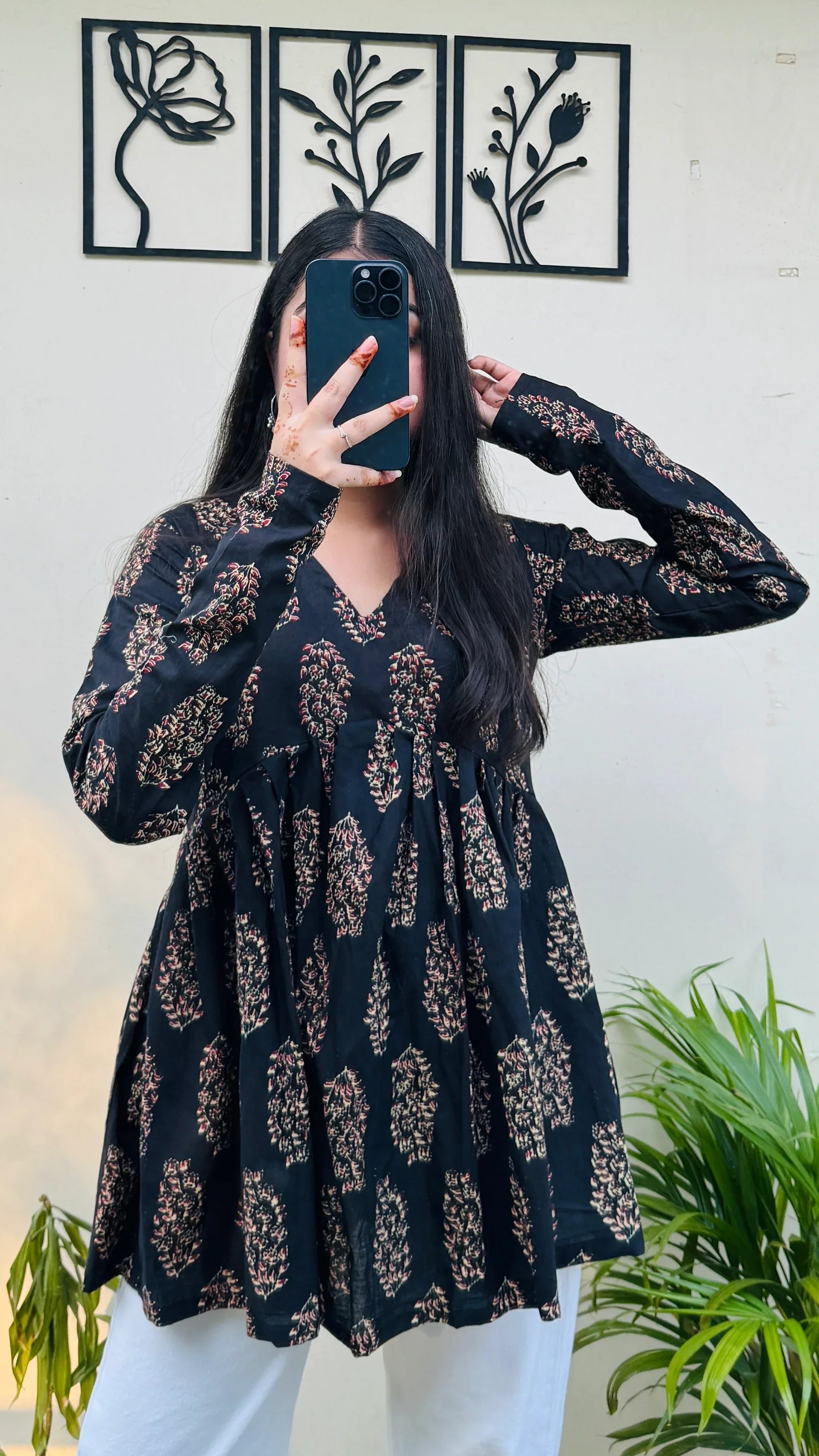 Cotton Flared Black Aliacut Ajrakh Print Peplum Top - Dolled Up