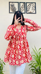 Cotton Flared Red Aliacut Printed Peplum Top - Dolled Up