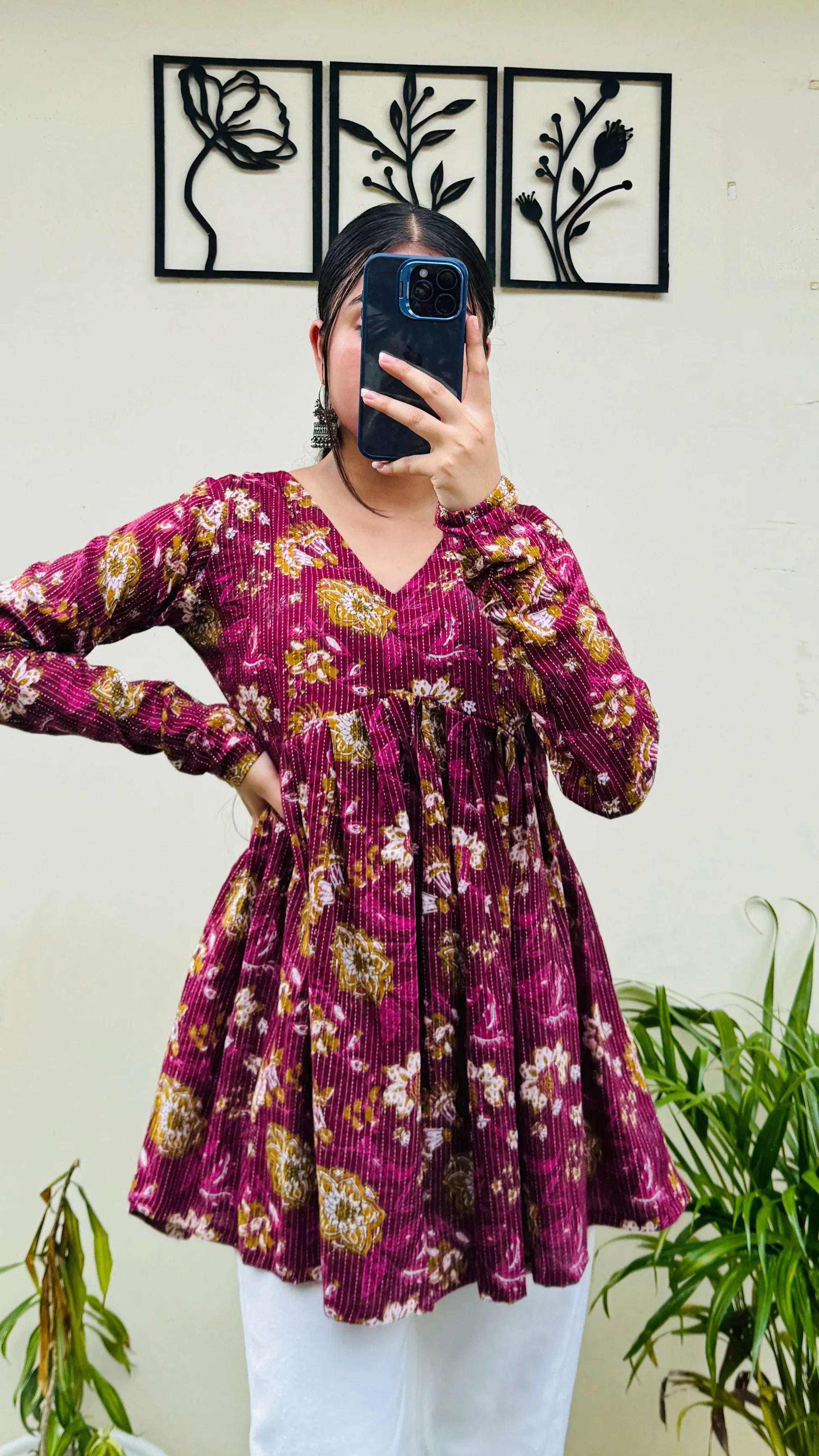 Cotton Katha Flared Wine Aliacut Floral Print Peplum Top - Dolled Up