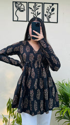 Cotton Flared Black Aliacut Ajrakh Print Peplum Top - Dolled Up