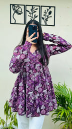 Cotton Wine Flared Floral Print Aliacut Peplum Top - Dolled Up