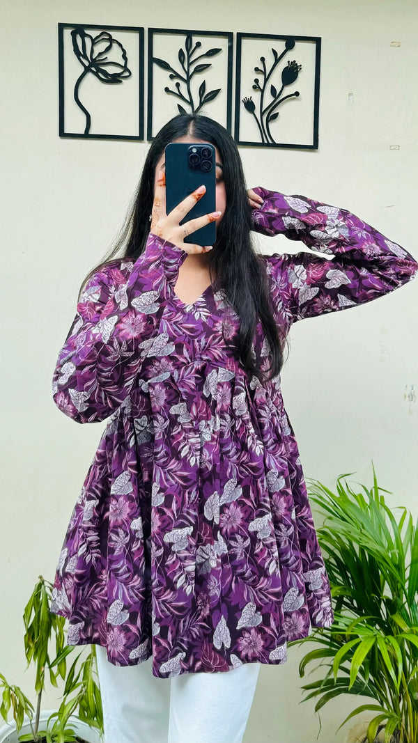 Cotton Wine Flared Floral Print Aliacut Peplum Top - Dolled Up