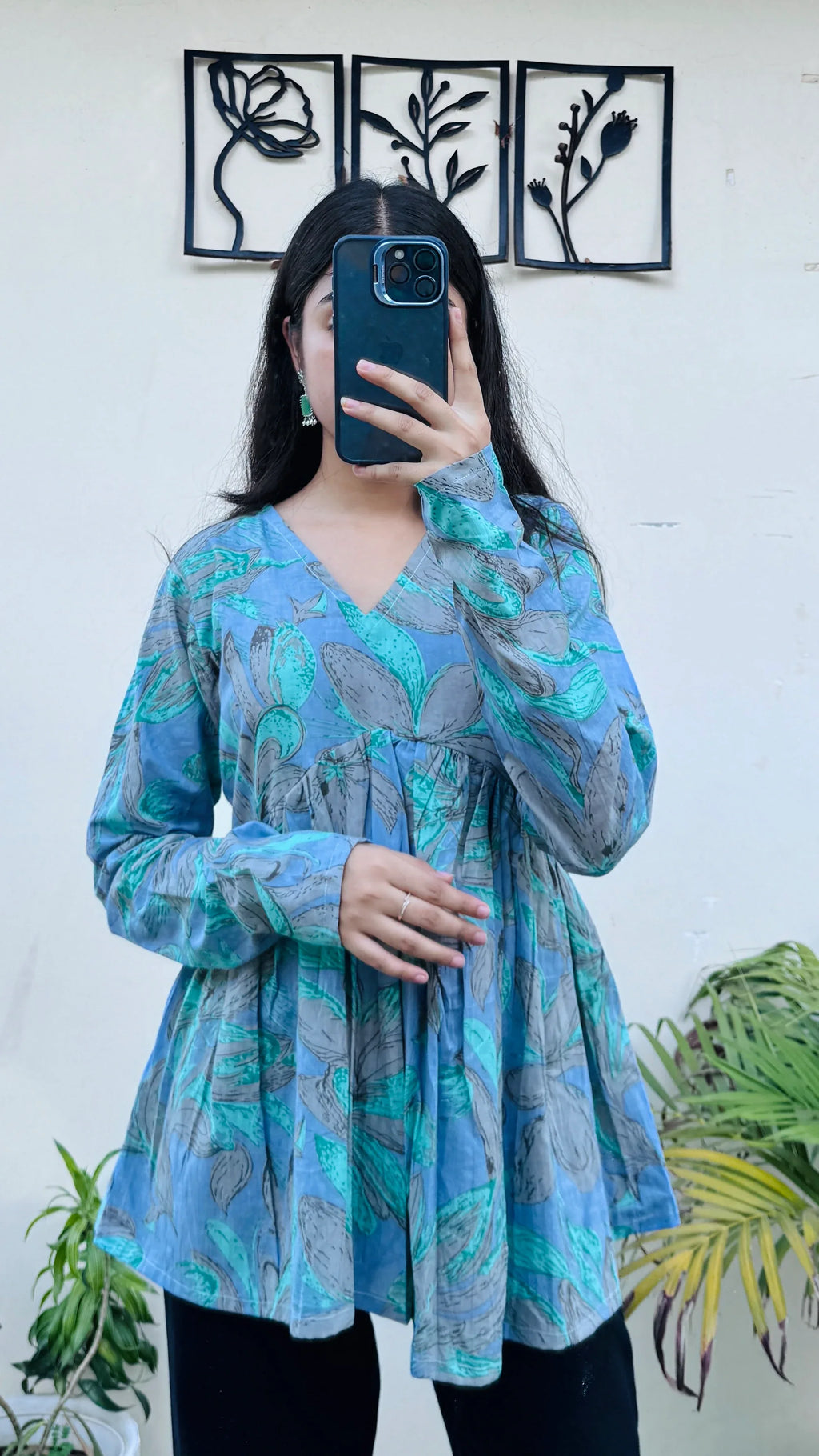 Cotton Blue Flared Printed Aliacut Peplum Top - Dolled Up