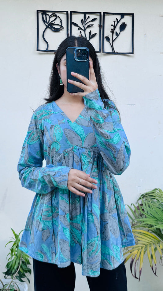 Cotton Blue Flared Printed Aliacut Peplum Top