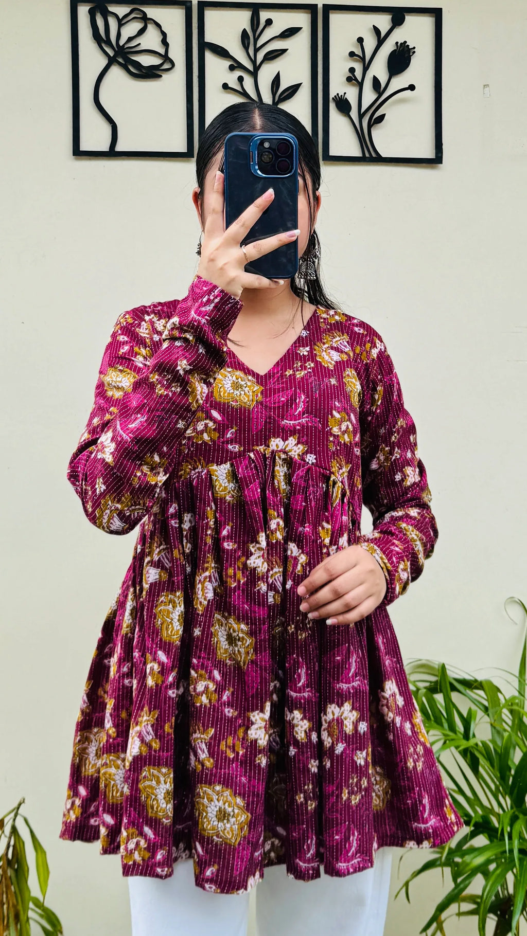 Cotton Katha Flared Wine Aliacut Floral Print Peplum Top - Dolled Up